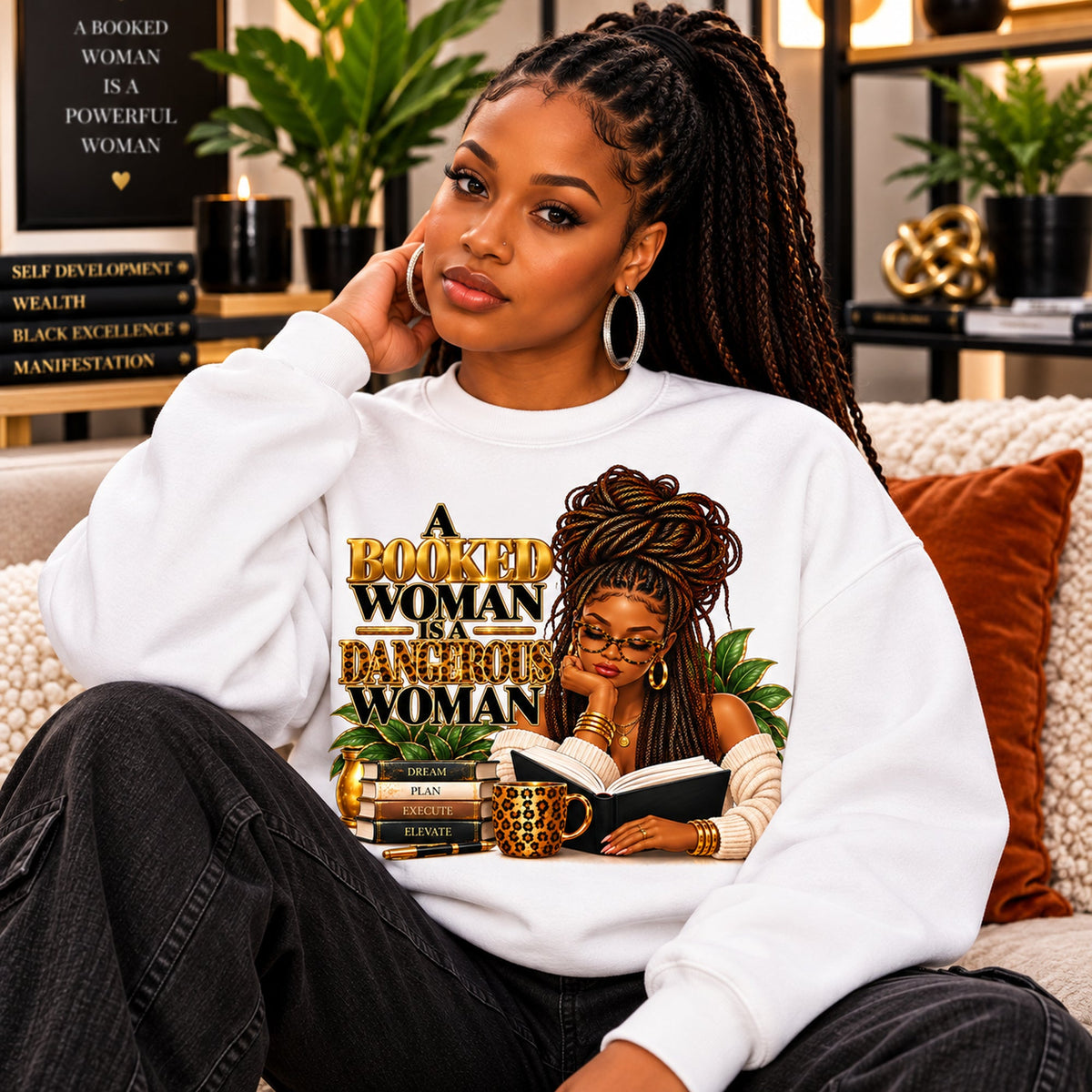 A Booked Woman sweatshirt lifestyle photo with original gold design and no sleeve branding