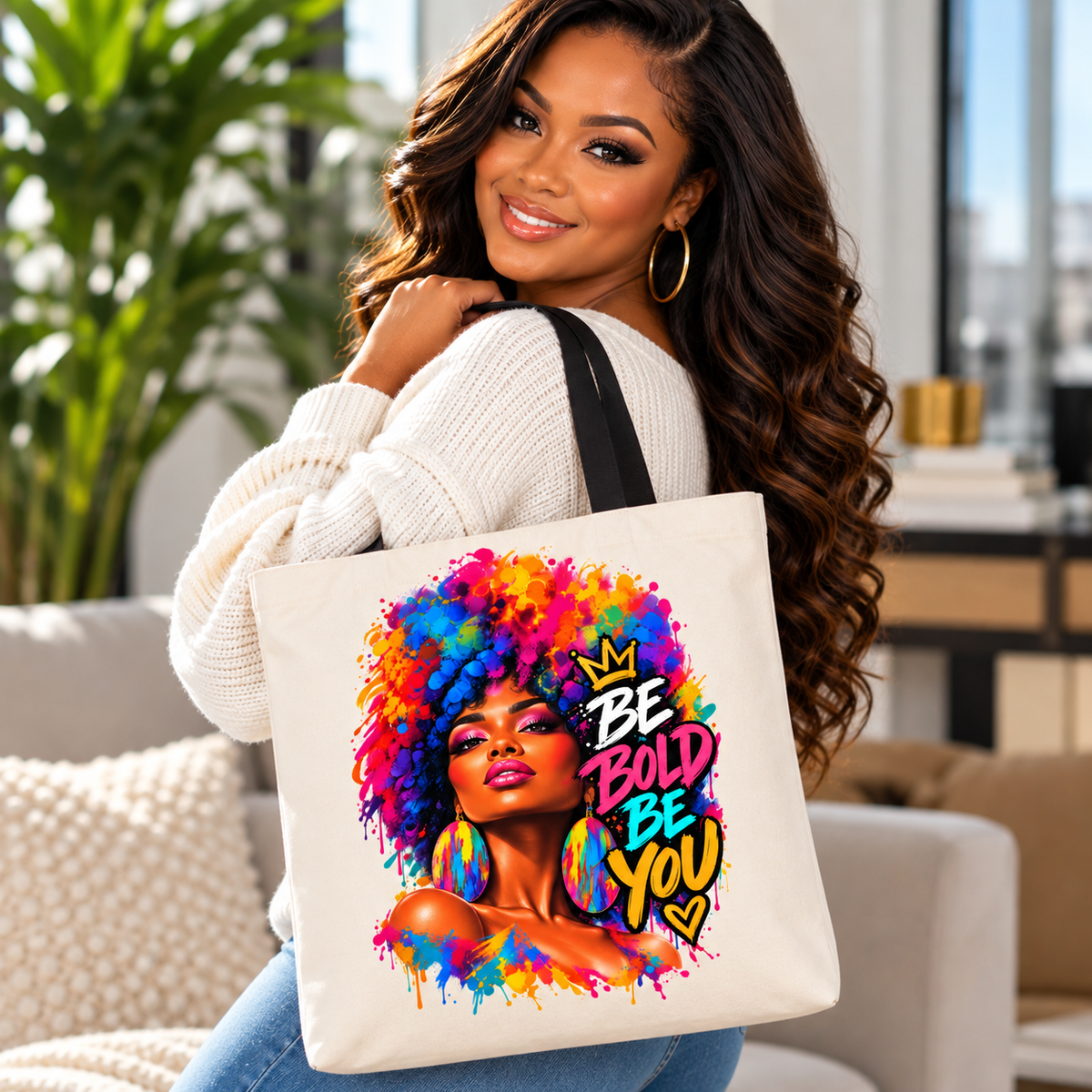 Model carrying Be Bold Be You cream tote with black straps