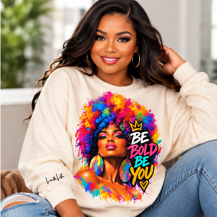 Bone Be Bold Be You sweatshirt model with Lux & Life right sleeve signature