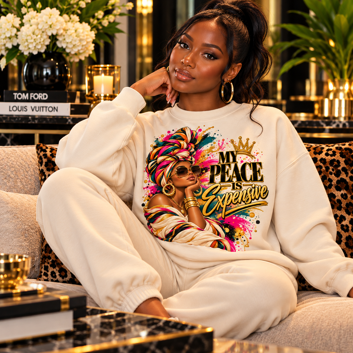 My Peace Is Expensive bone sweatshirt with matching bone sweatpants in luxury living room